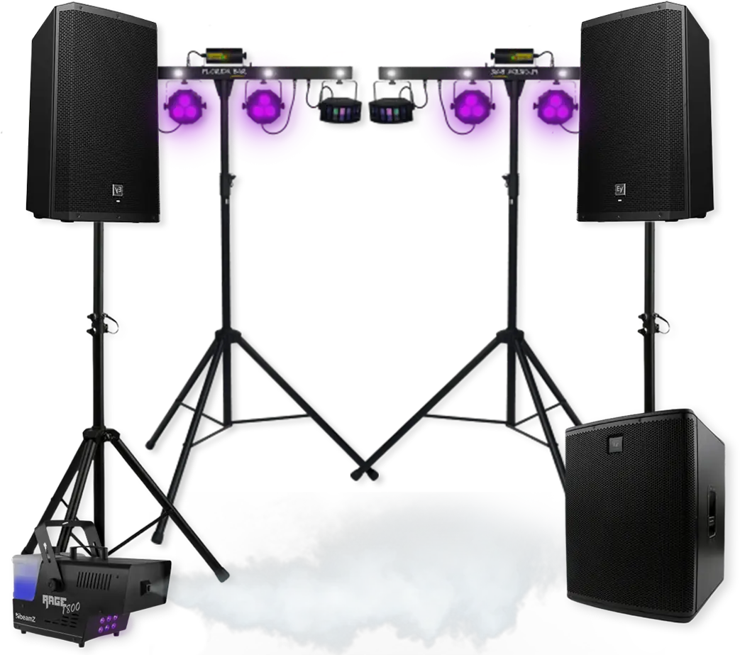 Complete grote set huren: Electro-Voice speakers, subwoofer, party bars en rookmachine