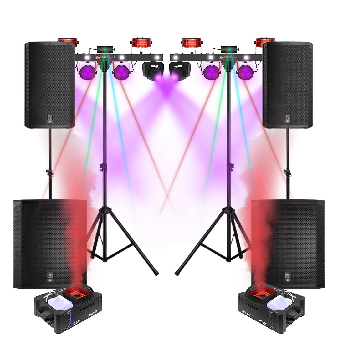 Ultra set licht en geluid huren Kempen met subwoofers, movingheads en GigBAR Move